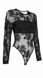Body a maniche lunghe in tulle trasparente con ricami floreali e paillettes