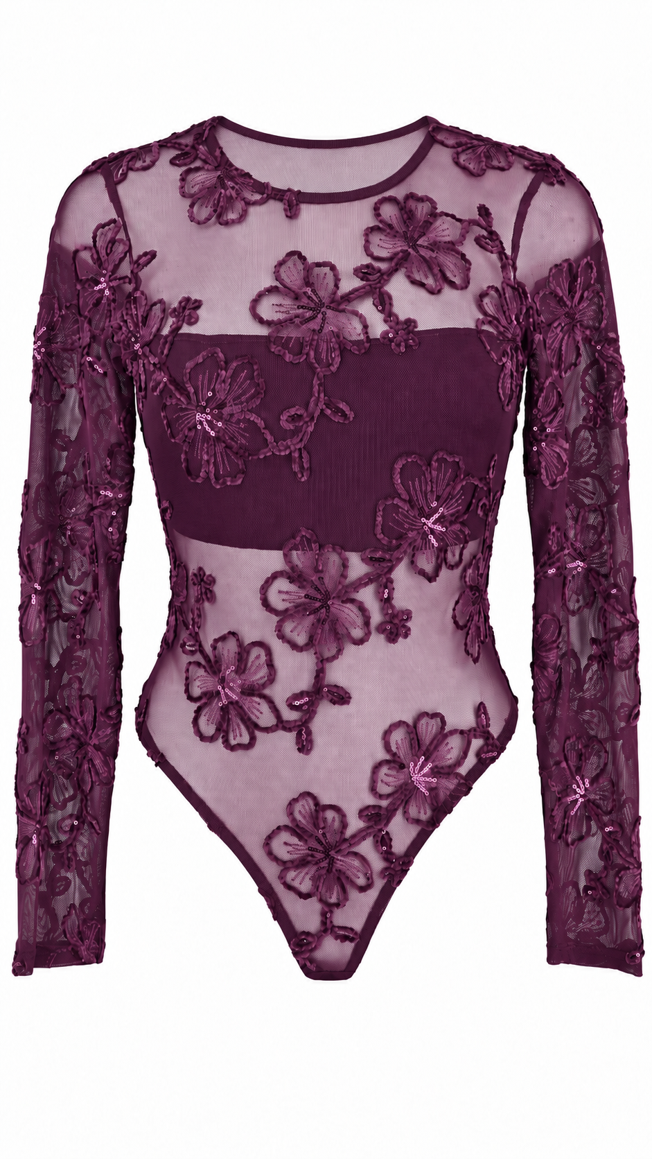 Body a maniche lunghe in tulle trasparente con ricami floreali e paillettes