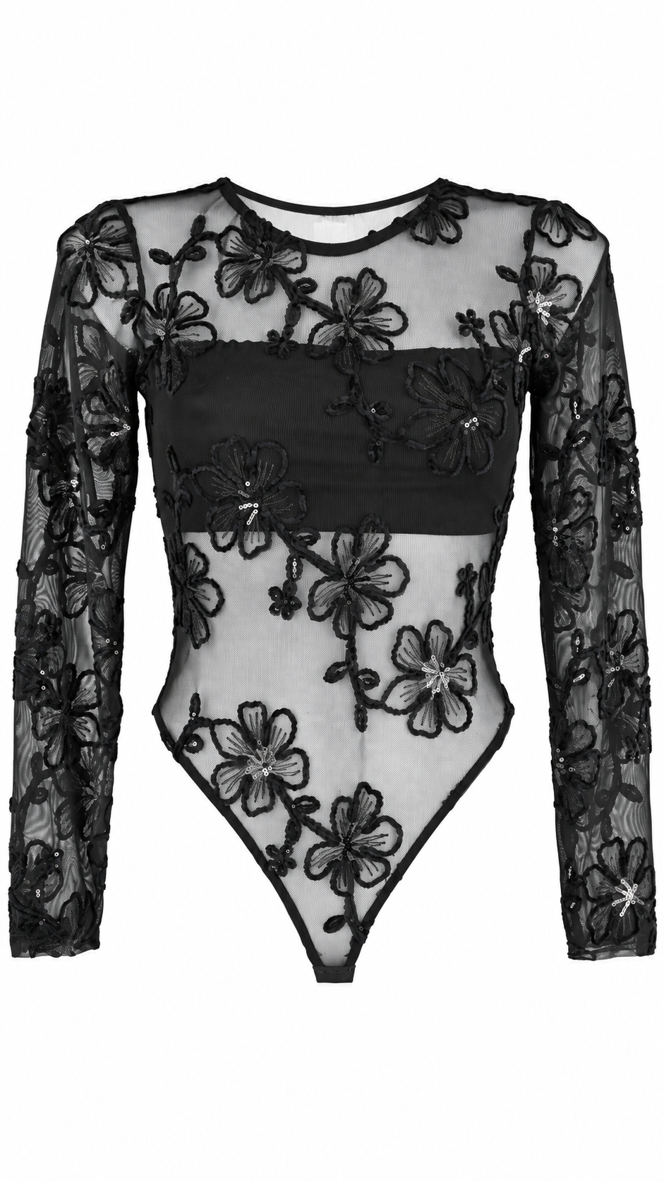 Body a maniche lunghe in tulle trasparente con ricami floreali e paillettes