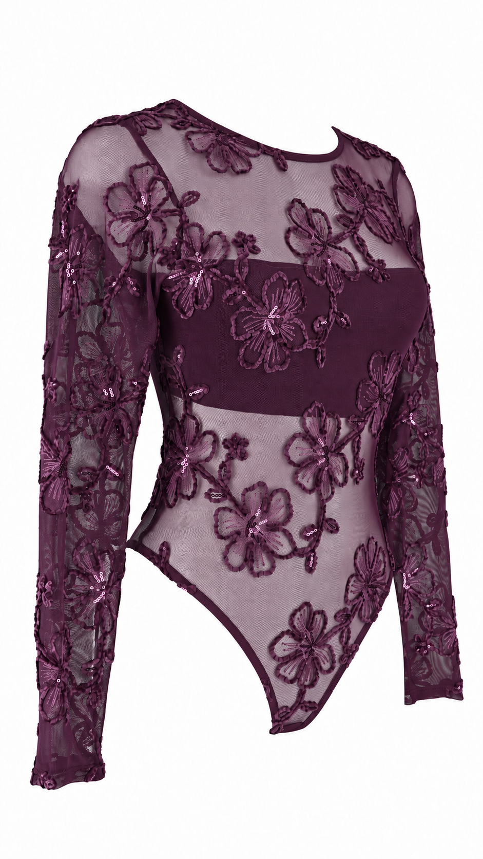 Body a maniche lunghe in tulle trasparente con ricami floreali e paillettes