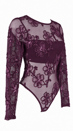 Body a maniche lunghe in tulle trasparente con ricami floreali e paillettes
