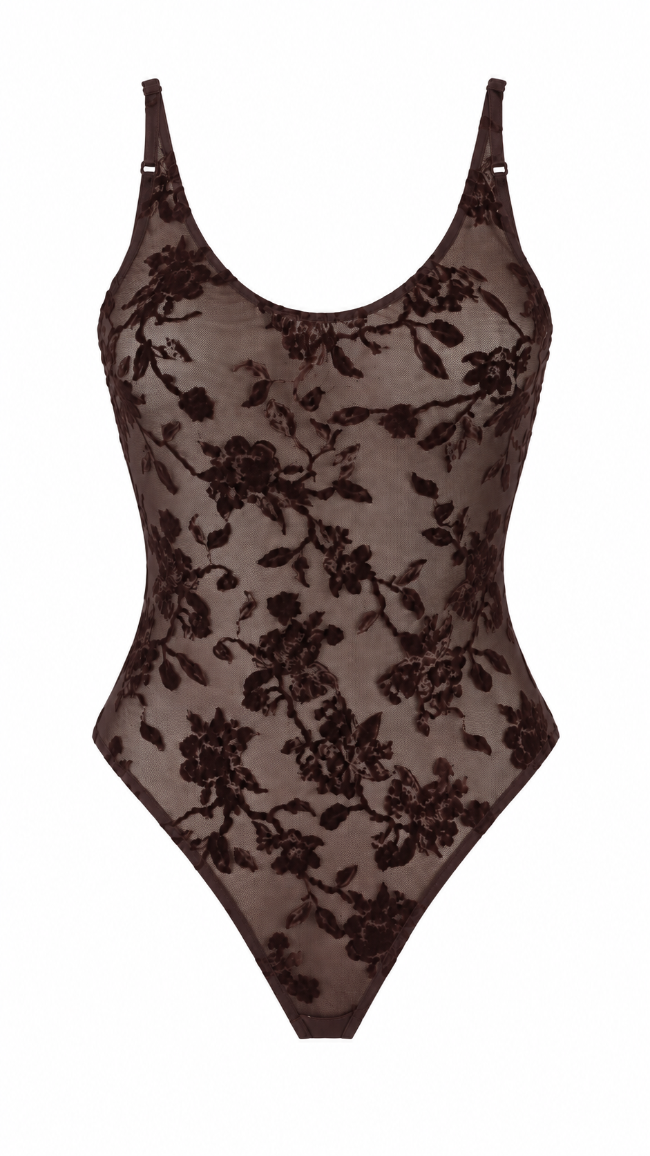Body semitrasparente in tulle floreale floccato con spalline sottili regolabili