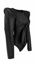 Body elegante a maniche lunghe con spalle strutturate e fascia drappeggiata annodata
