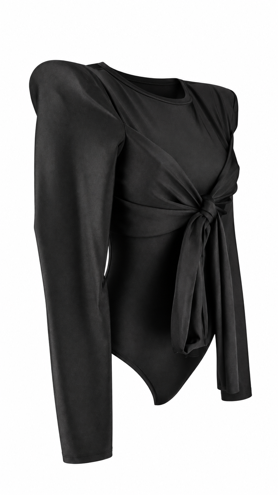 Body elegante a maniche lunghe con spalle strutturate e fascia drappeggiata annodata