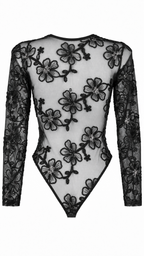 Body a maniche lunghe in tulle trasparente con ricami floreali e paillettes