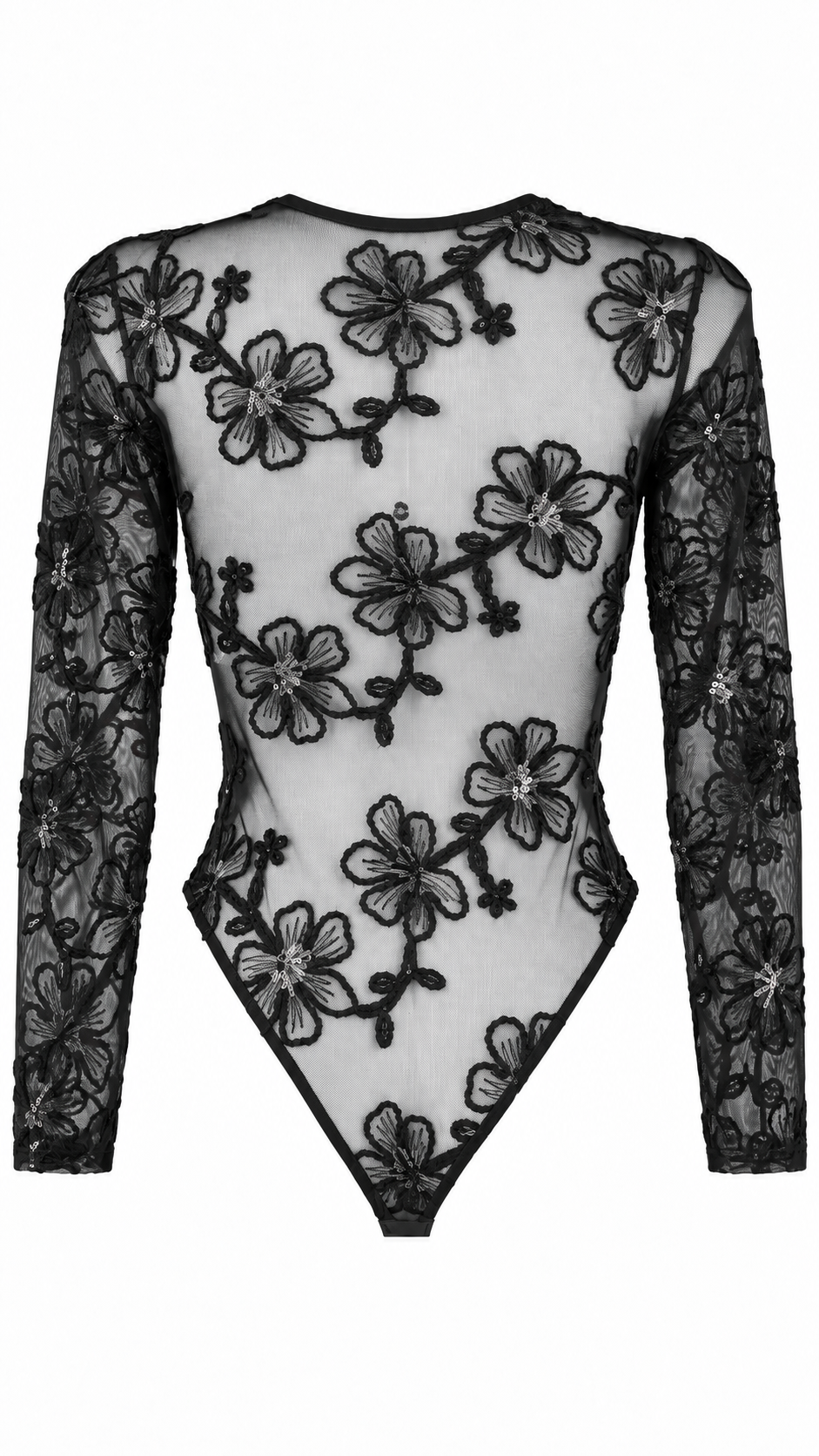 Body a maniche lunghe in tulle trasparente con ricami floreali e paillettes