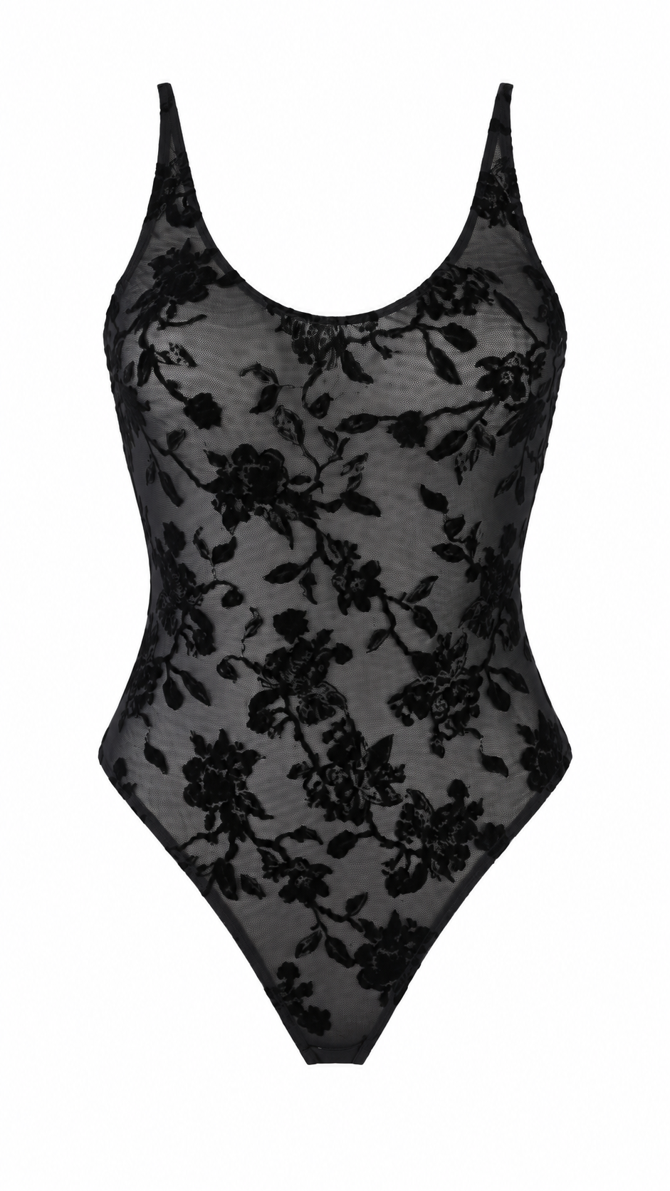 Body semitrasparente in tulle floreale floccato con spalline sottili regolabili