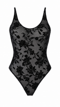 Body semitrasparente in tulle floreale floccato con spalline sottili regolabili