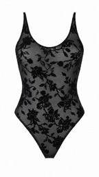 Body semitrasparente in tulle floreale floccato con spalline sottili regolabili