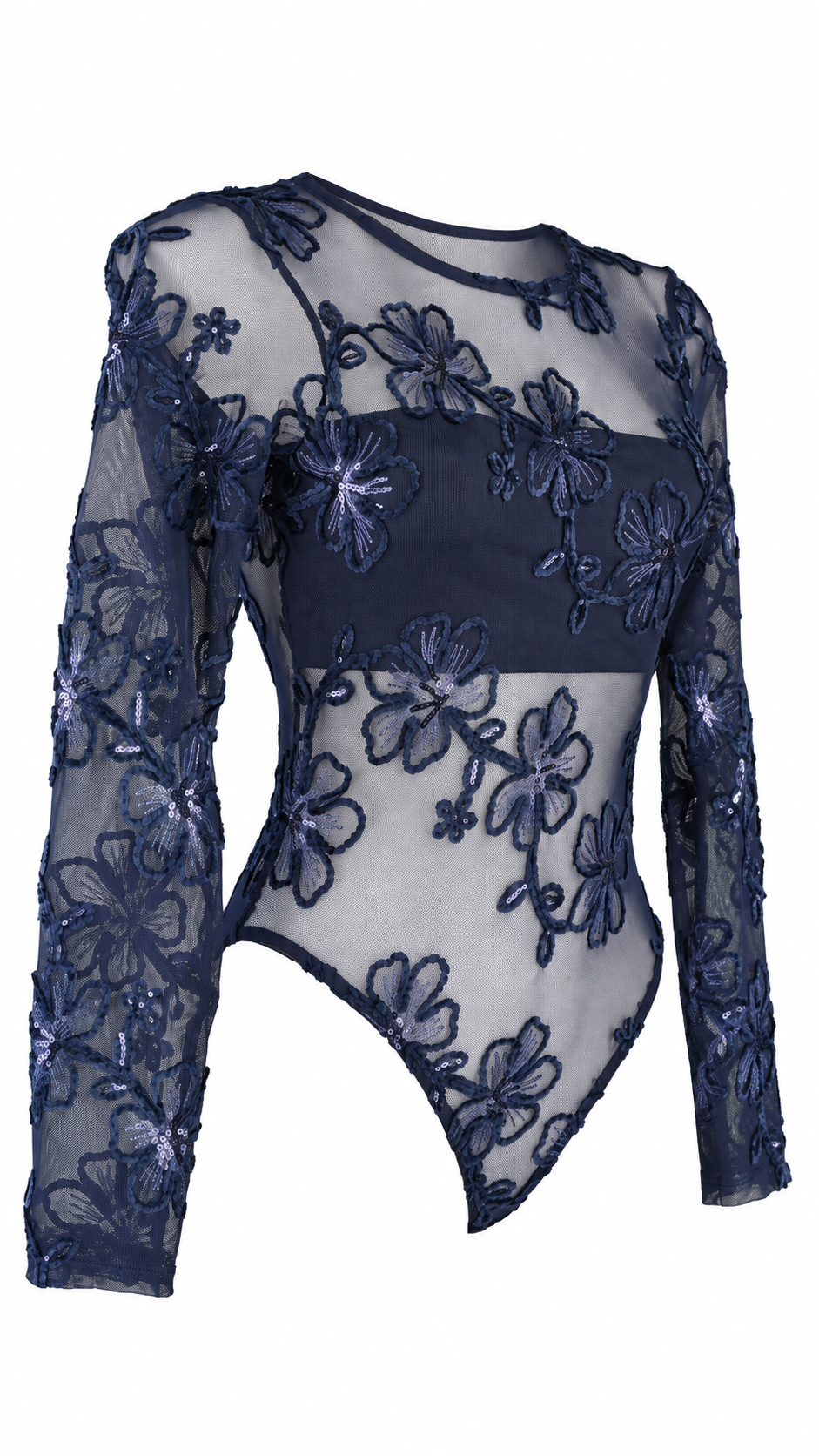 Body a maniche lunghe in tulle trasparente con ricami floreali e paillettes