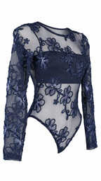 Body a maniche lunghe in tulle trasparente con ricami floreali e paillettes