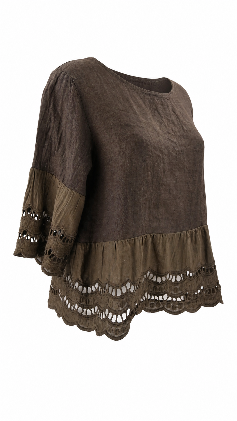 Blusa in lino corta con ricamo traforato