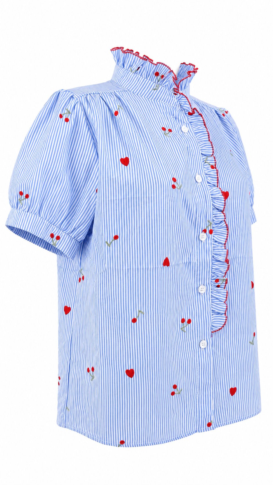 Camicia a righe con ricami a ciliegia e cuore