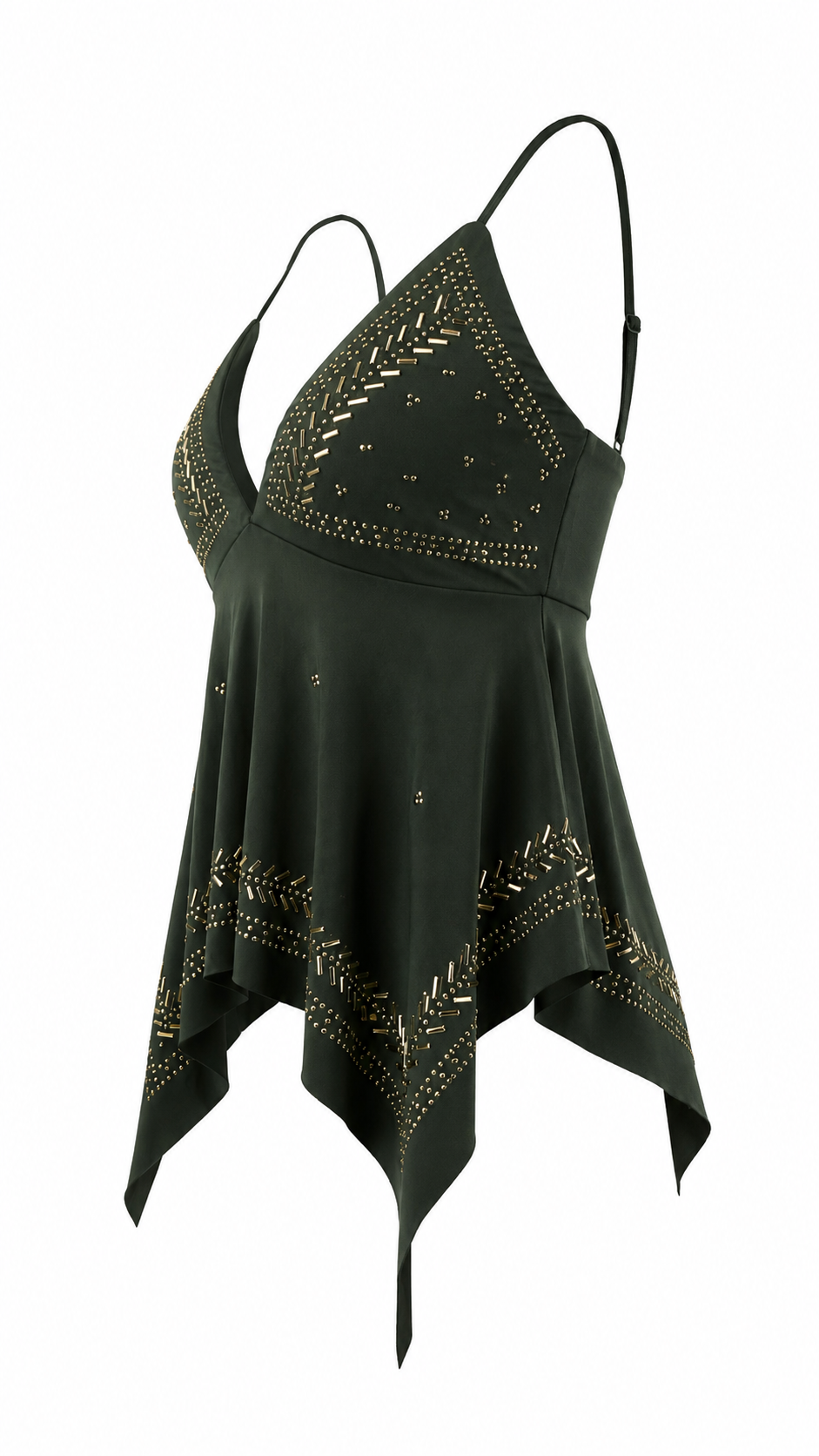 Top con coppe triangolari e strass dorati