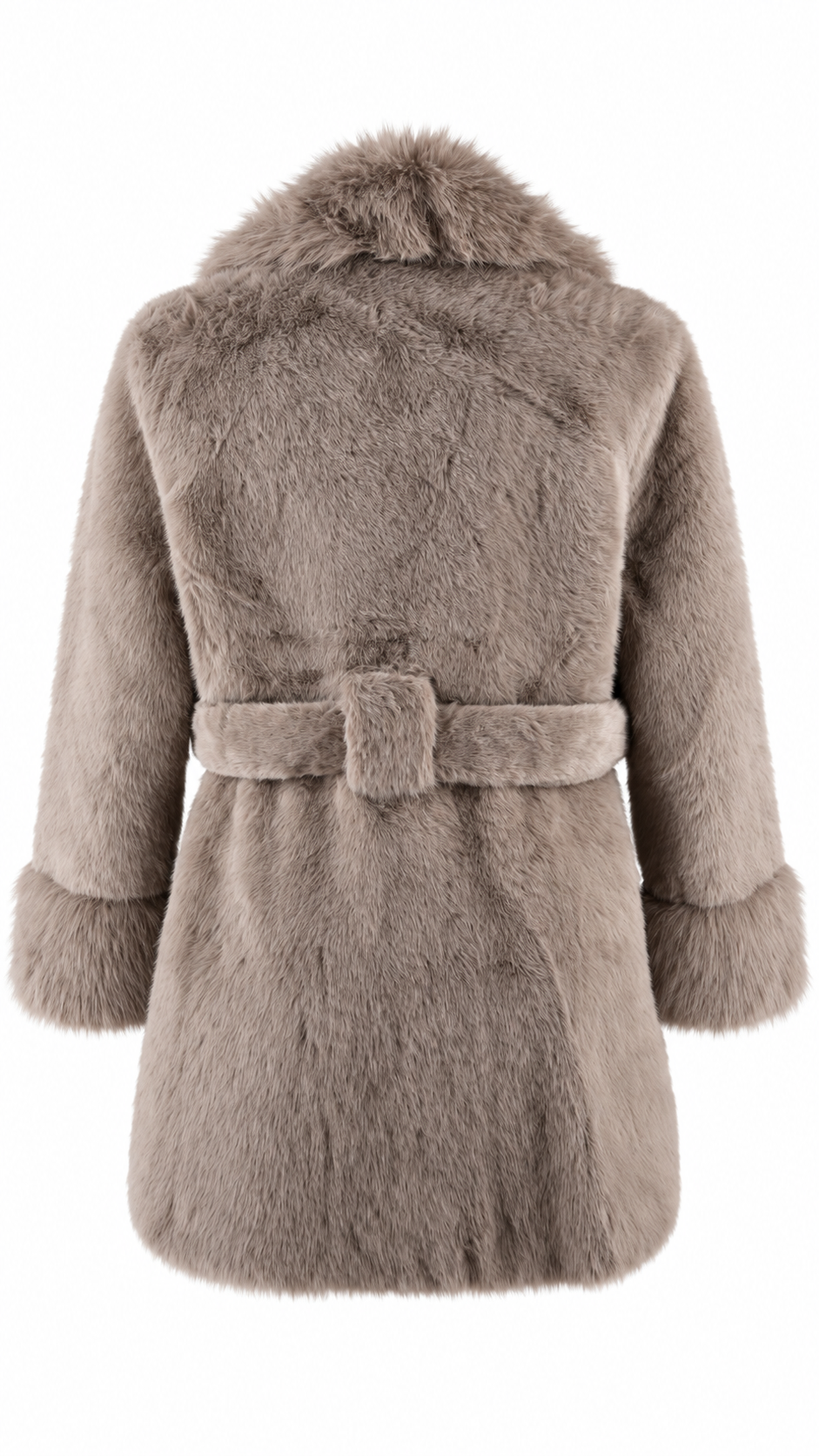 Cappotto corto in eco-pelliccia con cintura in vita e ampio collo a scialle