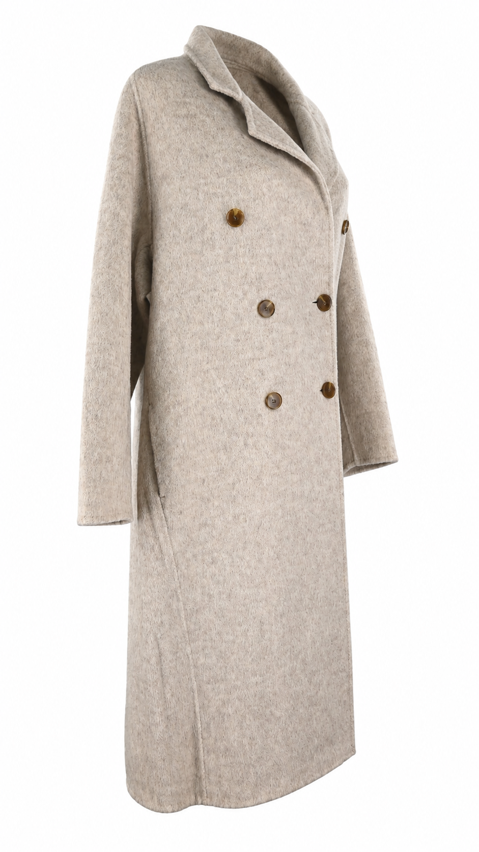 Cappotto lungo doppiopetto beige in lana