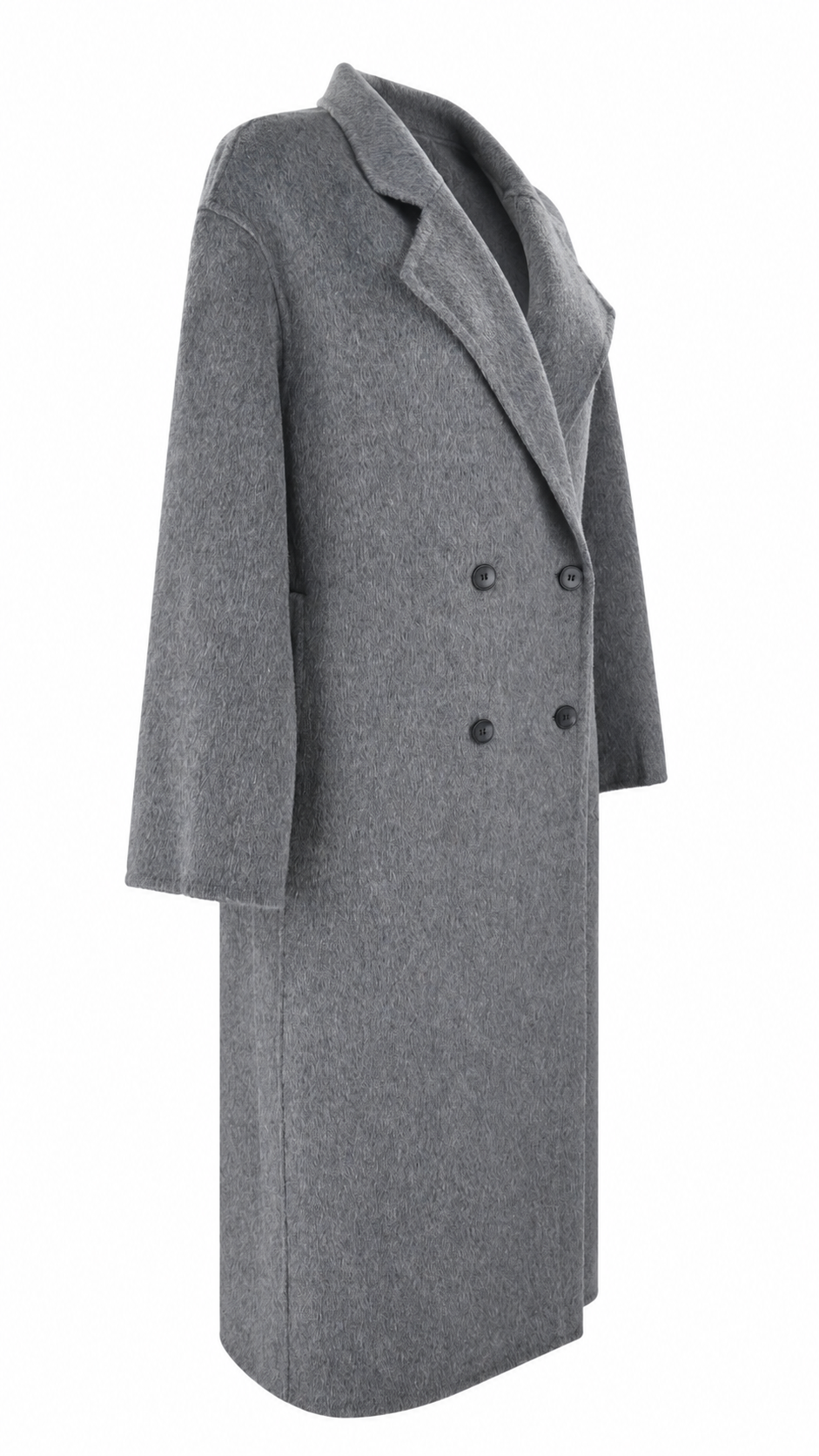 Cappotto in lana lungo grigio melange doppiopetto con revers