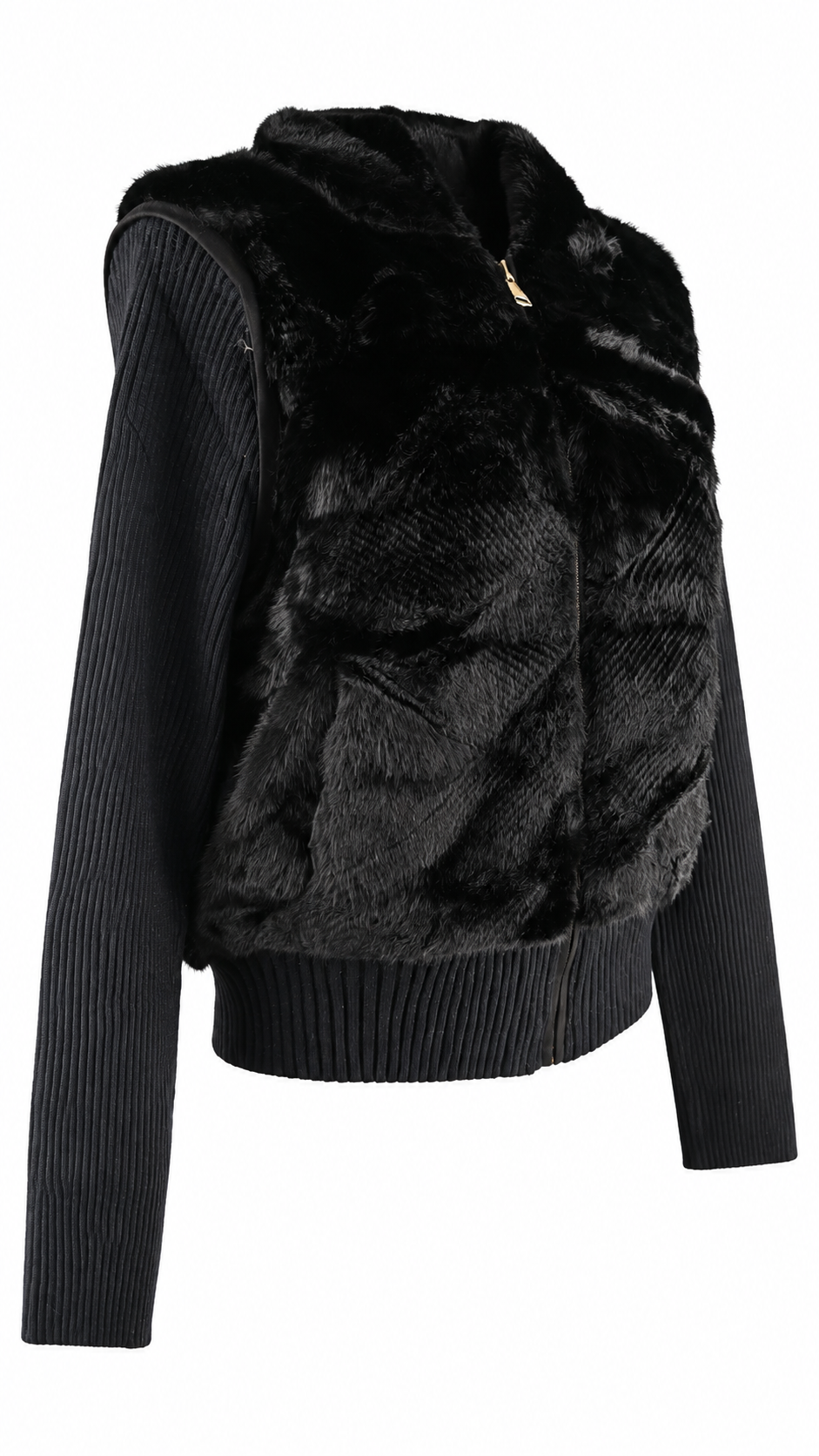 Women’s Hooded Faux Fur Jacket/Vest with Removable Ribbed Knit Sleeves