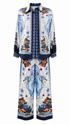 Pantaloni palazzo con stampe tropicali e dettagli animalier
