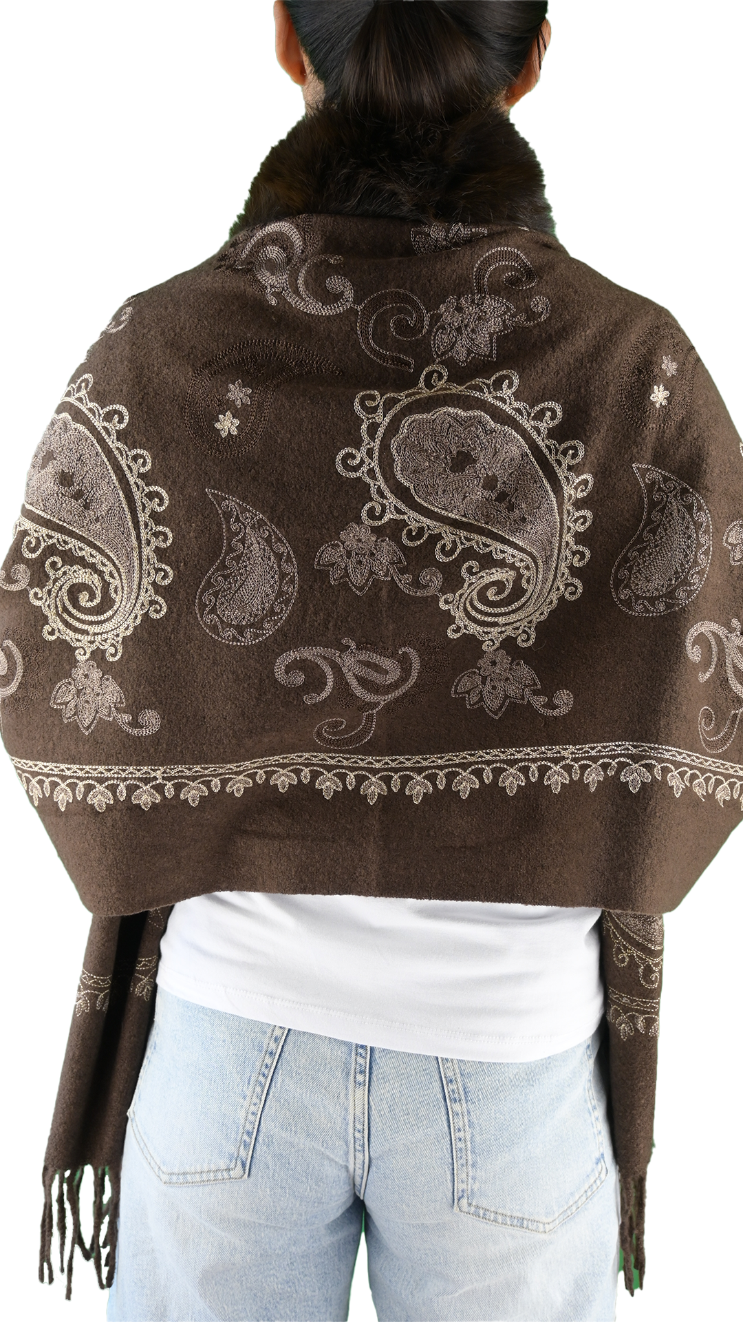 Mantella cardigan ricamata paisley con bordo effetto pelliccia