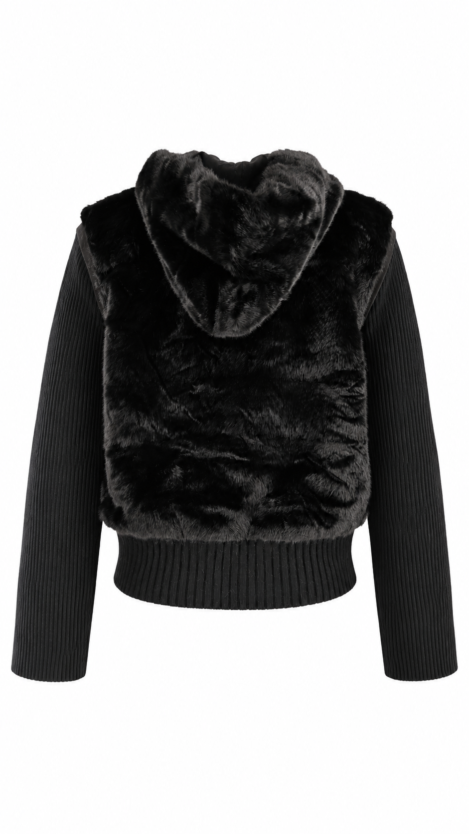 Women’s Hooded Faux Fur Jacket/Vest with Removable Ribbed Knit Sleeves