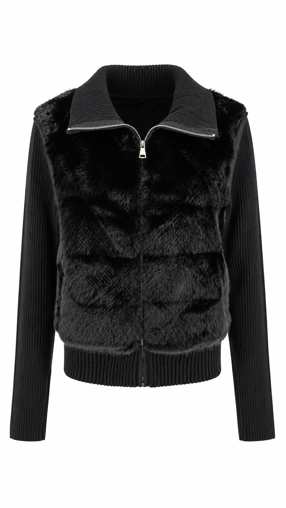 Giacca/Gilet collo ampio in ecopelliccia e maniche in maglia a coste