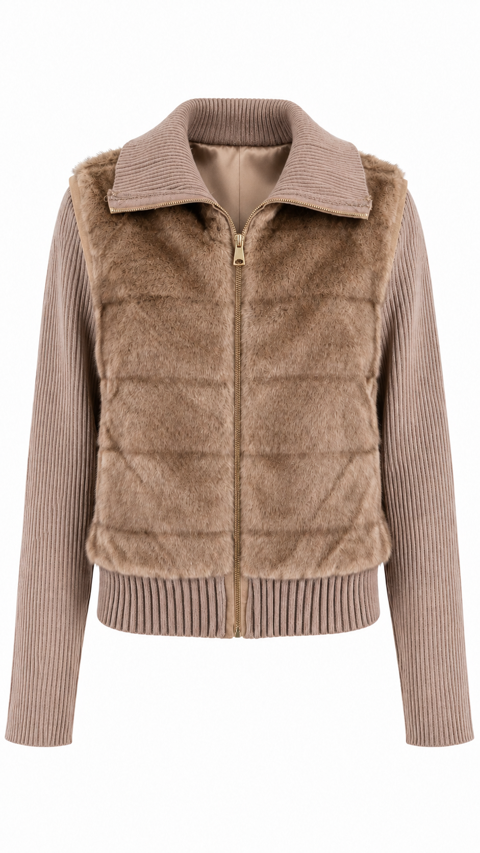 Giacca/Gilet collo ampio in ecopelliccia e maniche in maglia a coste