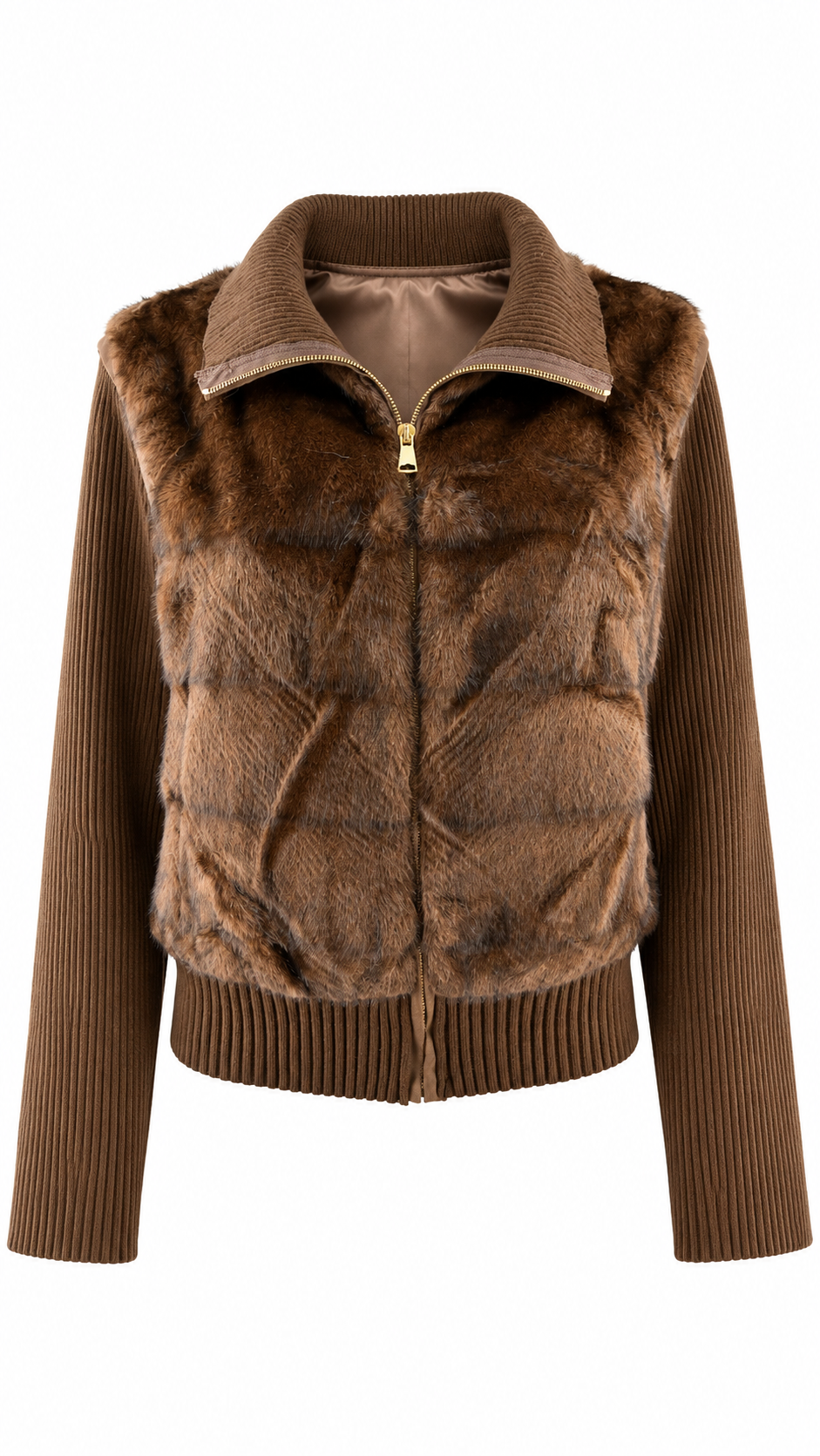Giacca/Gilet collo ampio in ecopelliccia e maniche in maglia a coste