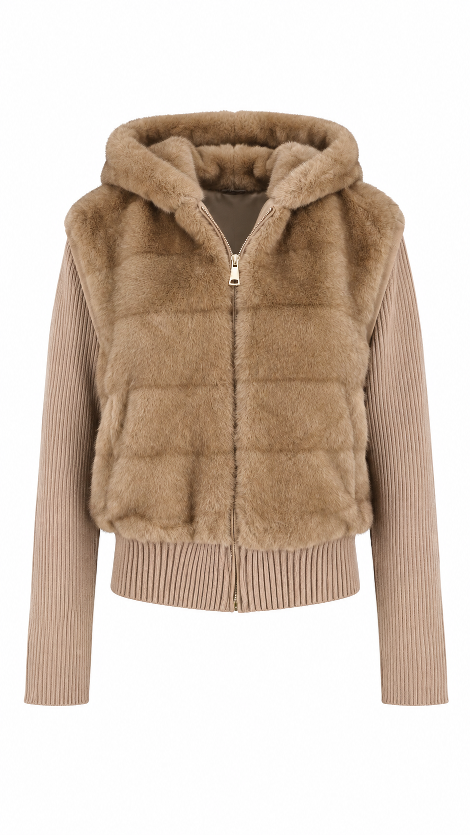 Giacca/Gilet  con cappuccio in ecopelliccia e maniche in maglia a coste