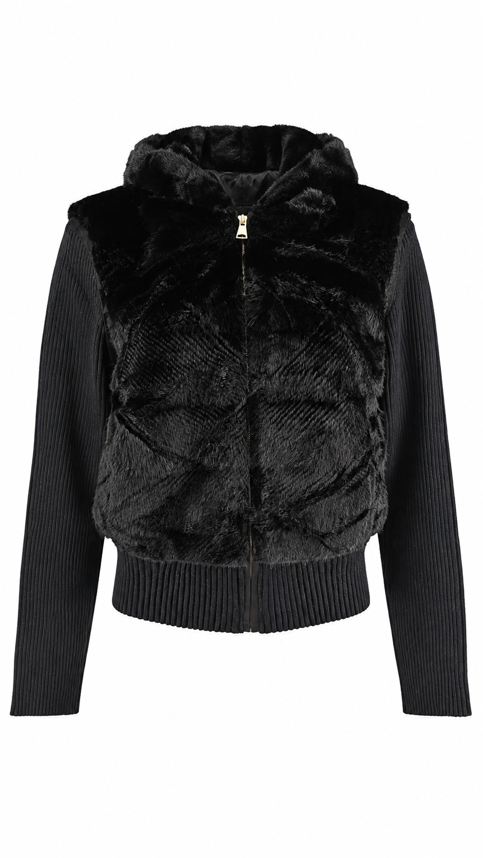 Women’s Hooded Faux Fur Jacket/Vest with Removable Ribbed Knit Sleeves