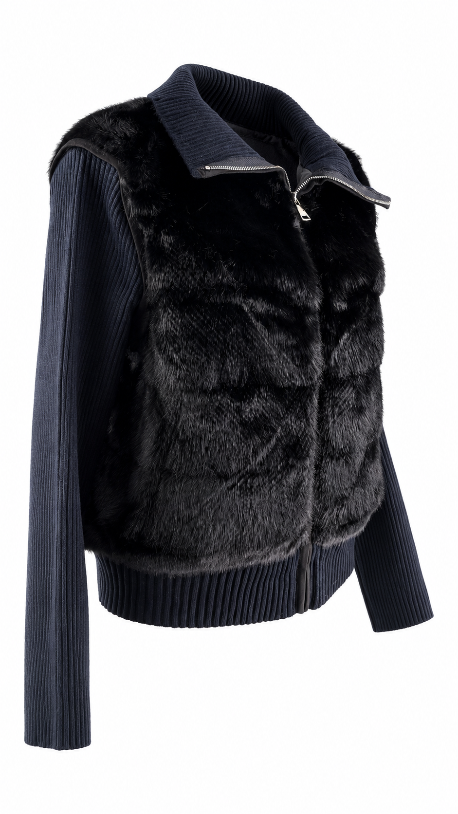 Giacca/Gilet collo ampio in ecopelliccia e maniche in maglia a coste