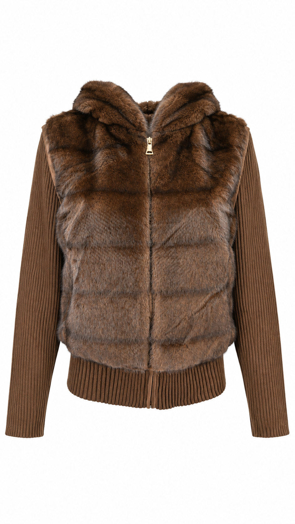 Giacca/Gilet  con cappuccio in ecopelliccia e maniche in maglia a coste