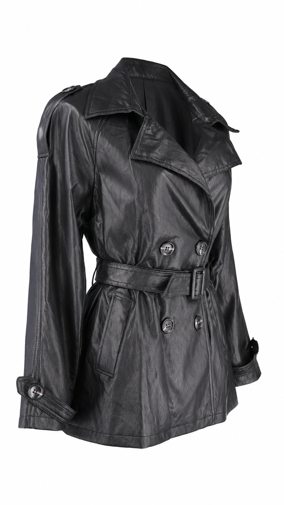 Women’s Cropped Faux Leather Trench Coat with Belt