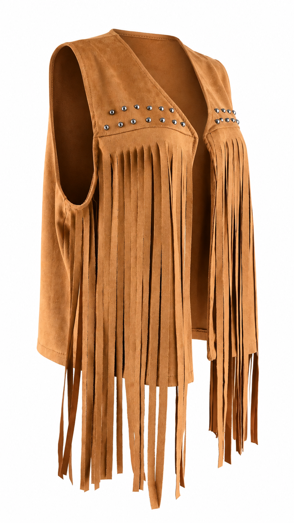 Gilet effetto scamosciato con frange lunghe e borchie