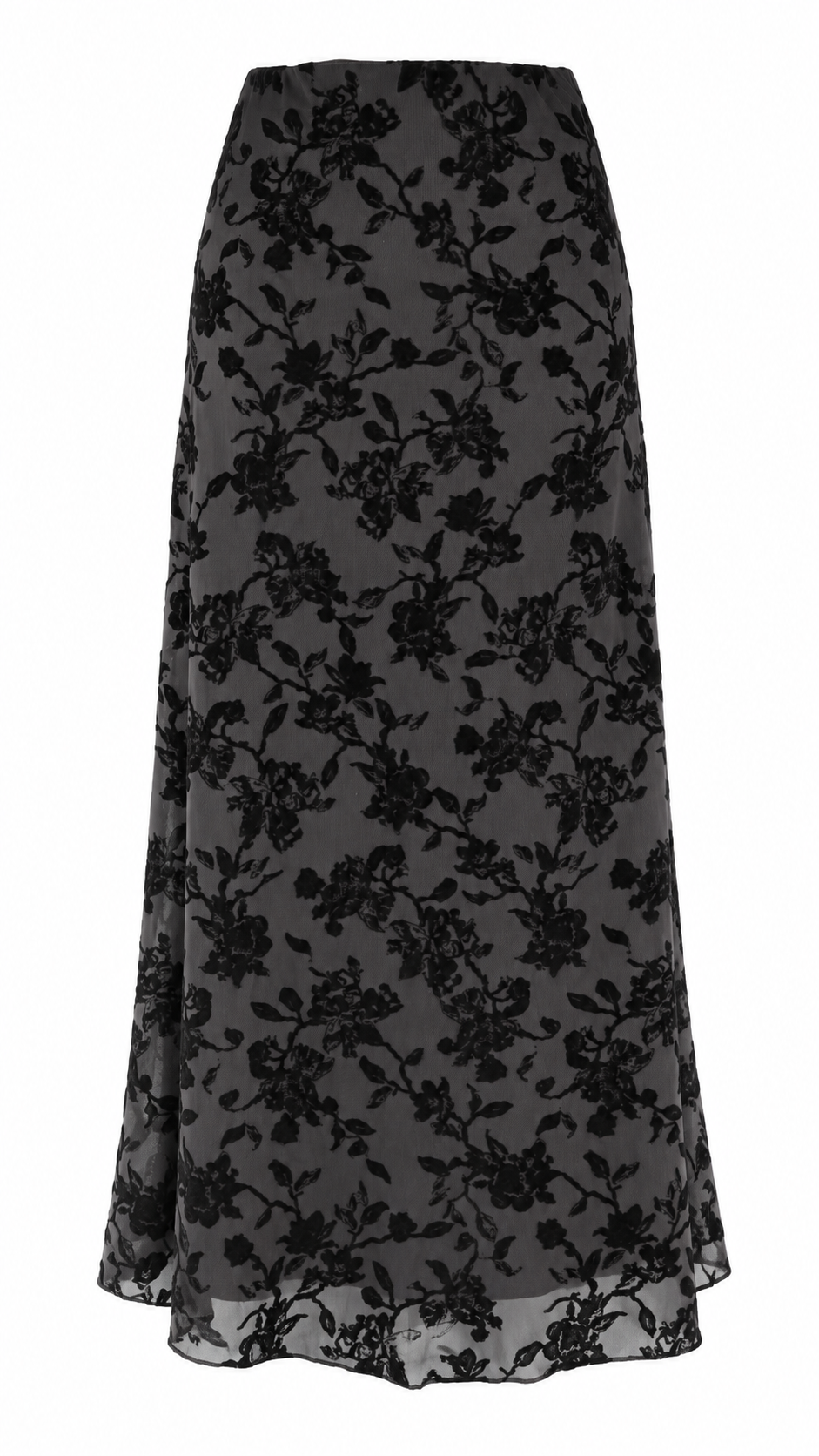 Gonna midi in tulle con motivo floreale effetto velluto