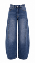 Jeans blu denim modello balloon a vita alta con gamba ampia