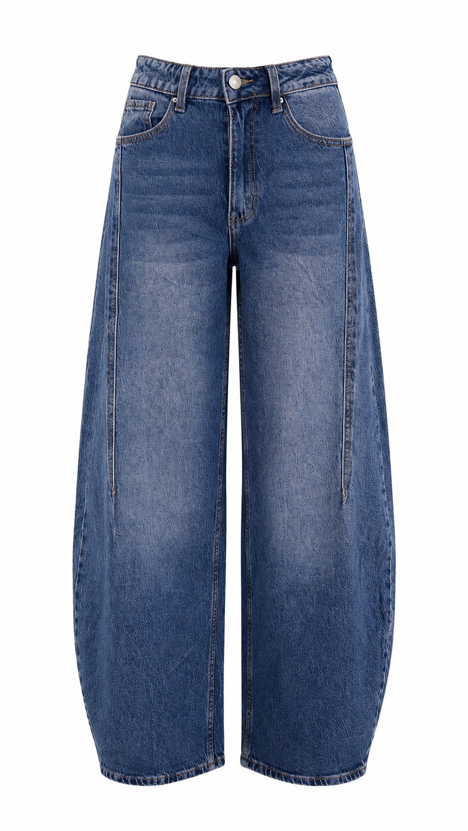 Jeans blu denim modello balloon a vita alta con gamba ampia