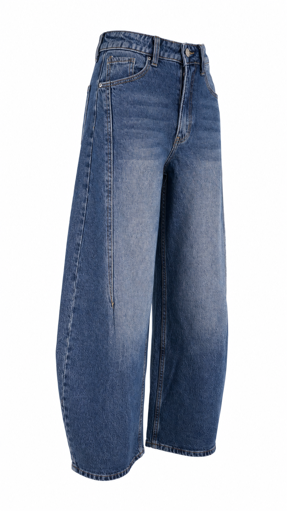 Jeans blu denim modello balloon a vita alta con gamba ampia
