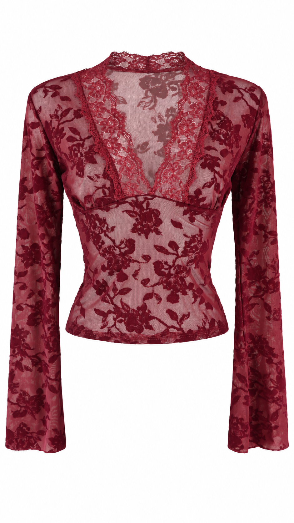 Top a maniche lunghe in tulle trasparente con motivo floreale effetto velluto