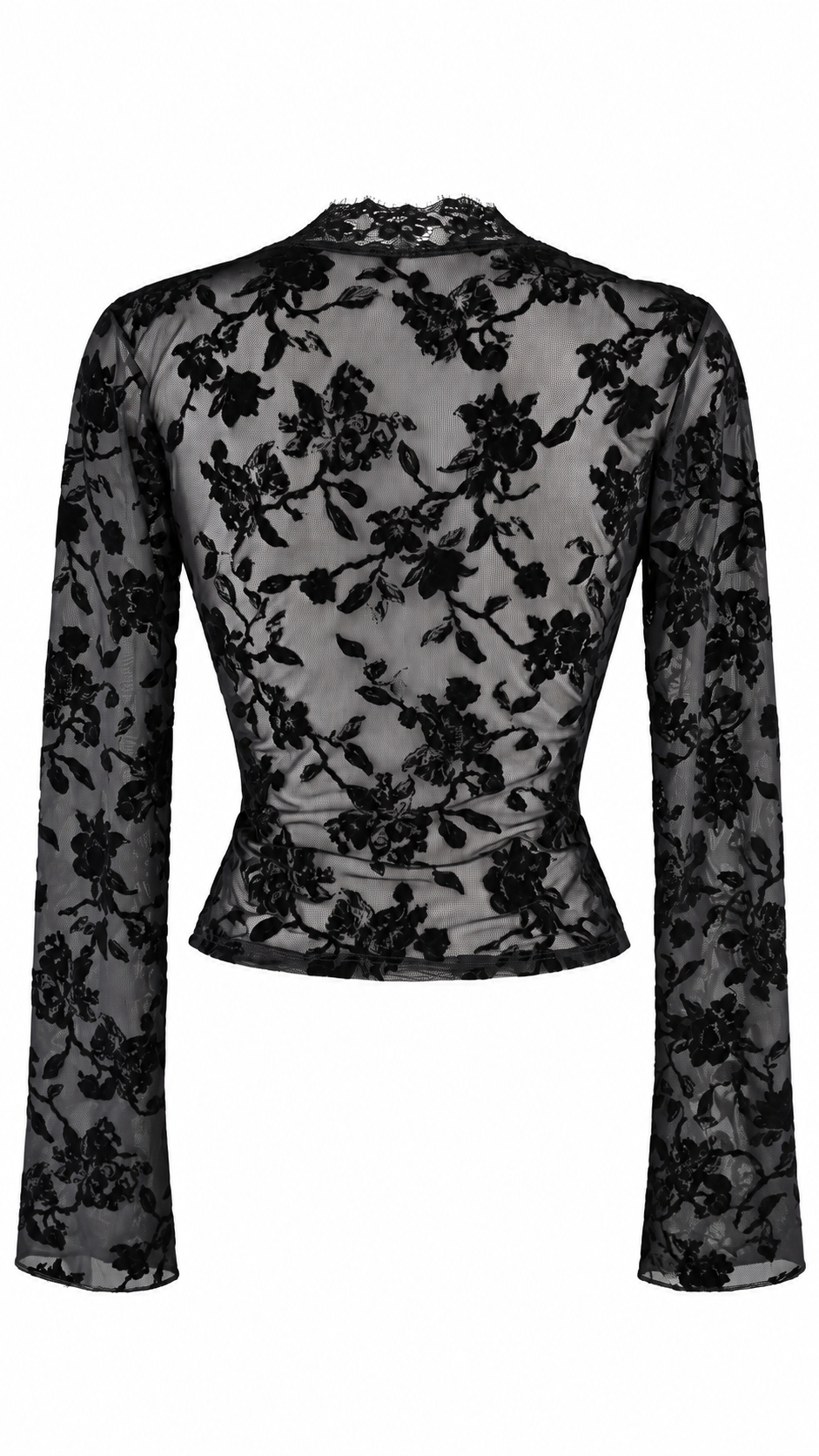 Top a maniche lunghe in tulle trasparente con motivo floreale effetto velluto