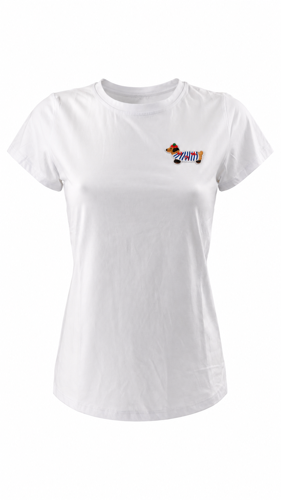 T-shirt bianca con ricamo bassotto francese