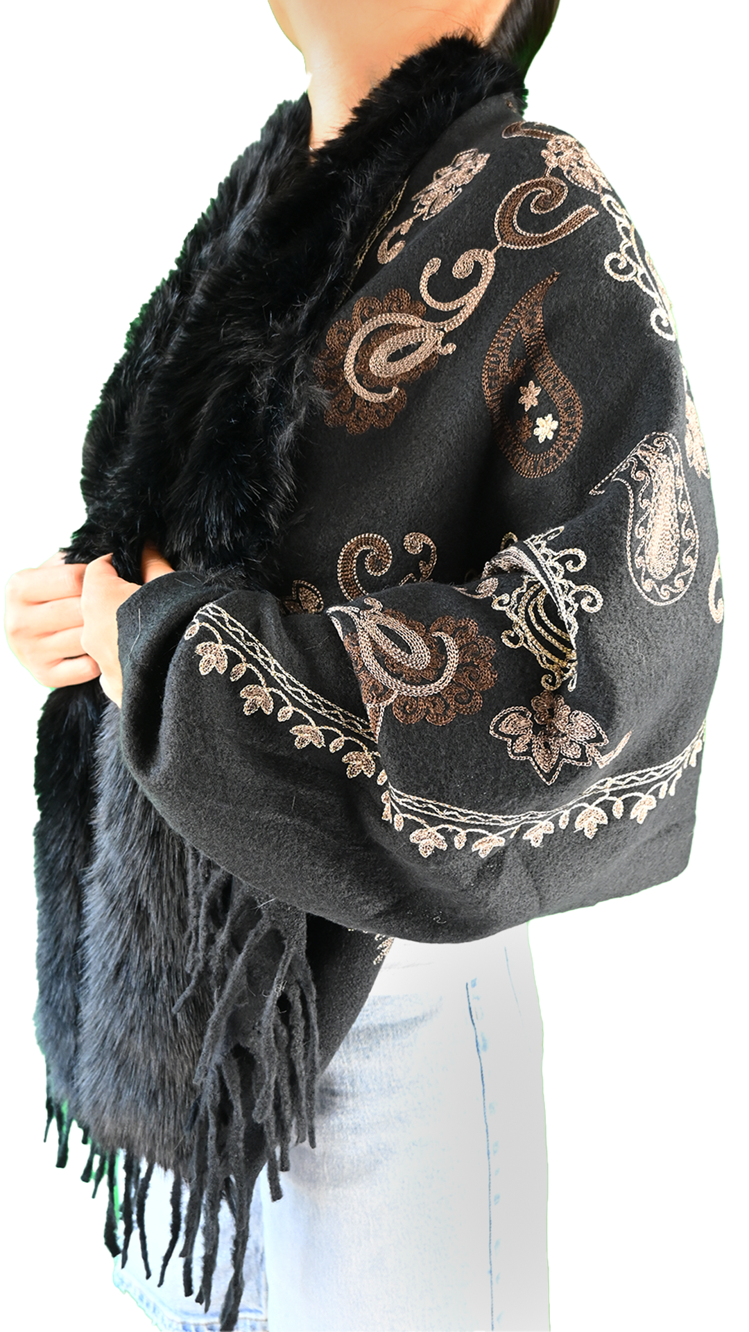Mantella cardigan ricamata paisley con bordo effetto pelliccia