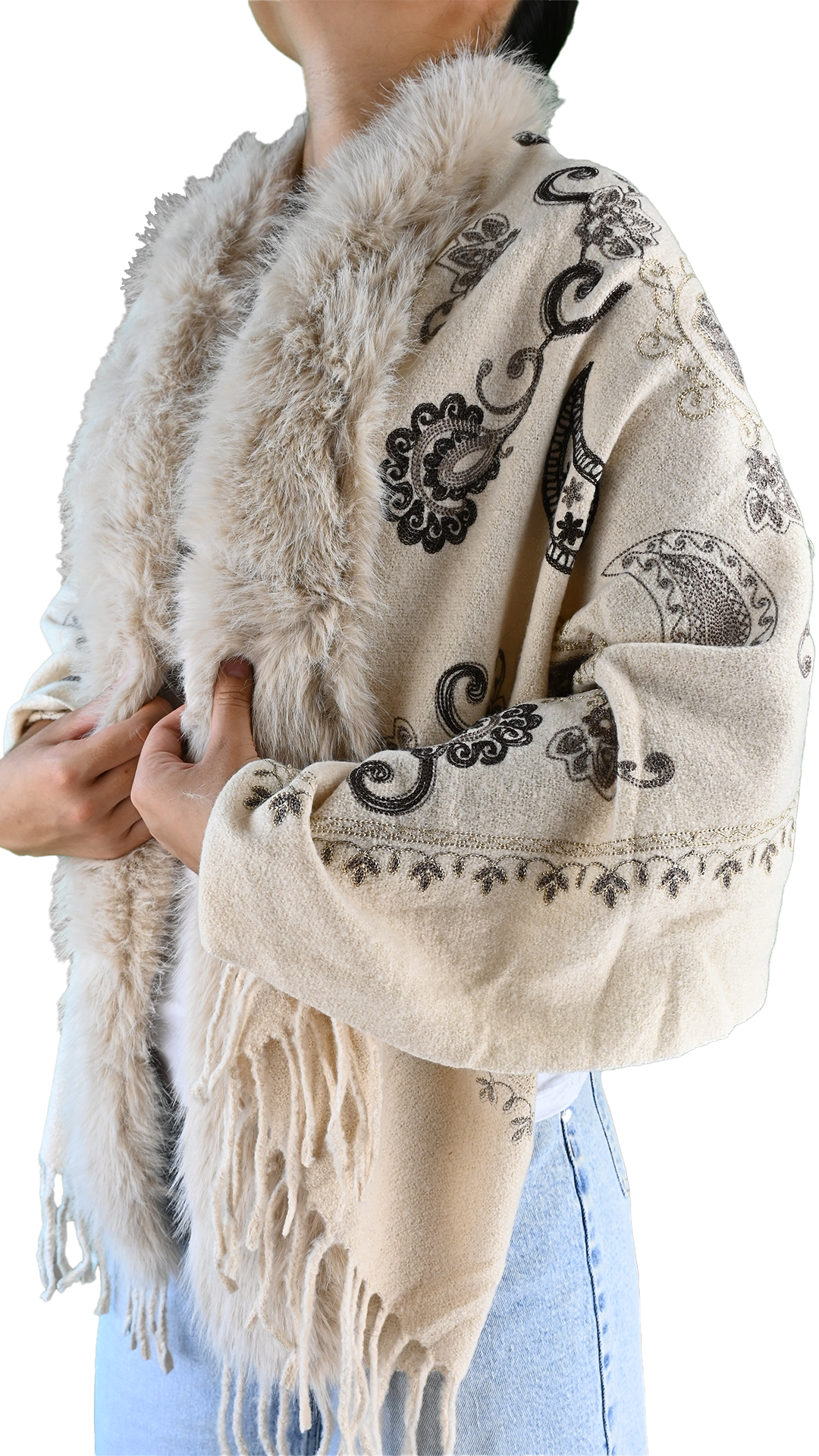 Mantella cardigan ricamata paisley con bordo effetto pelliccia