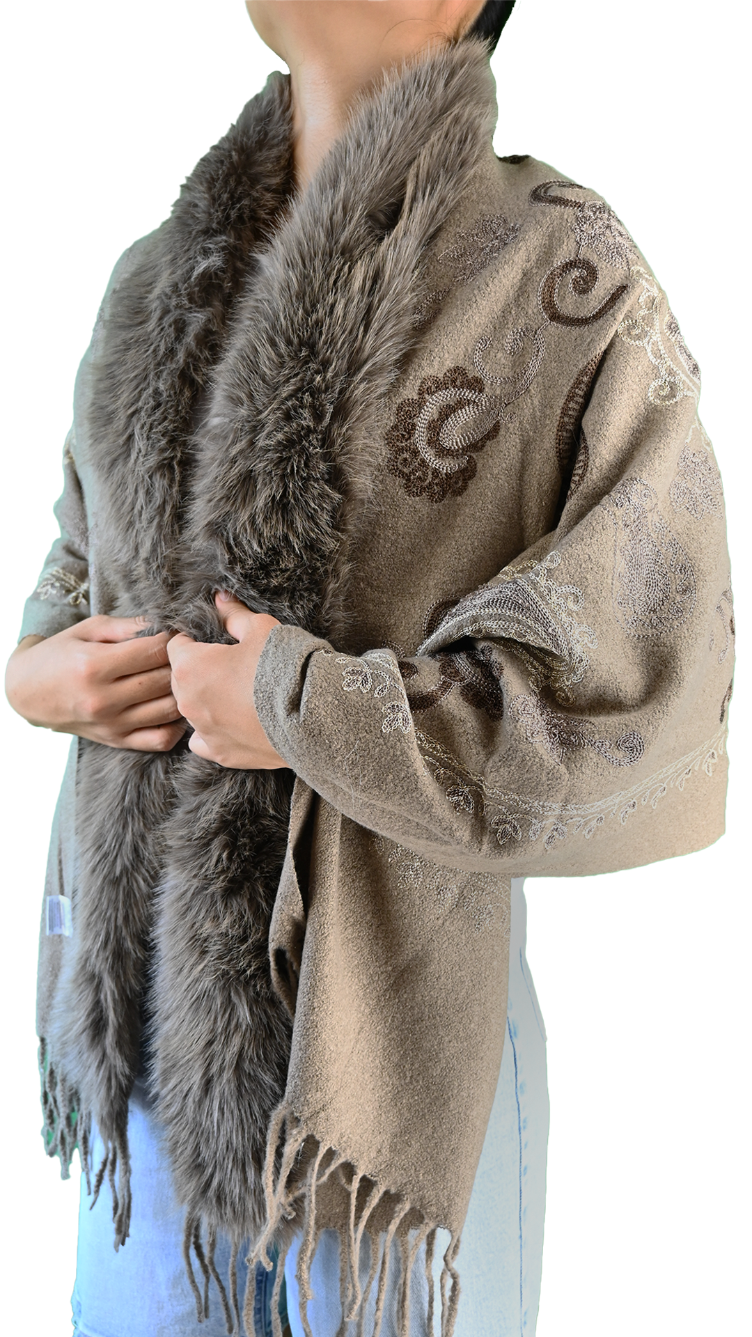 Mantella cardigan ricamata paisley con bordo effetto pelliccia