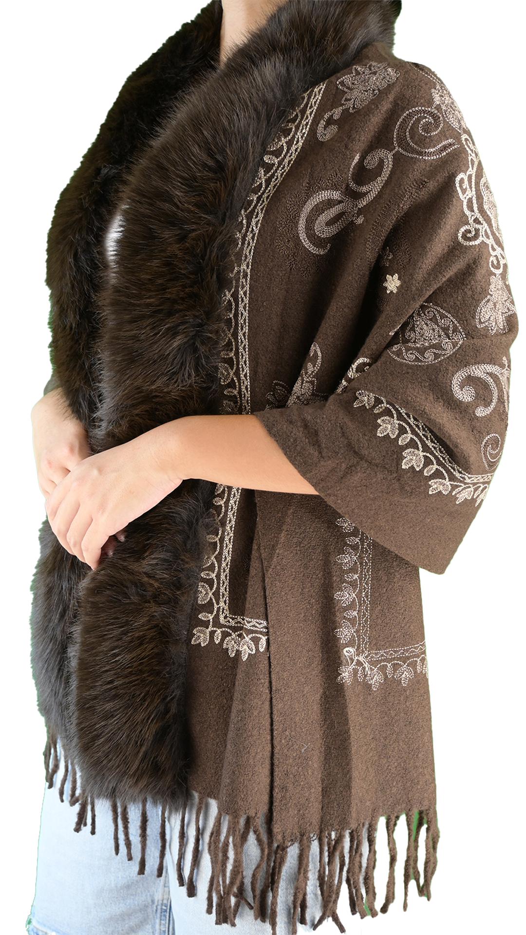 Mantella cardigan ricamata paisley con bordo effetto pelliccia