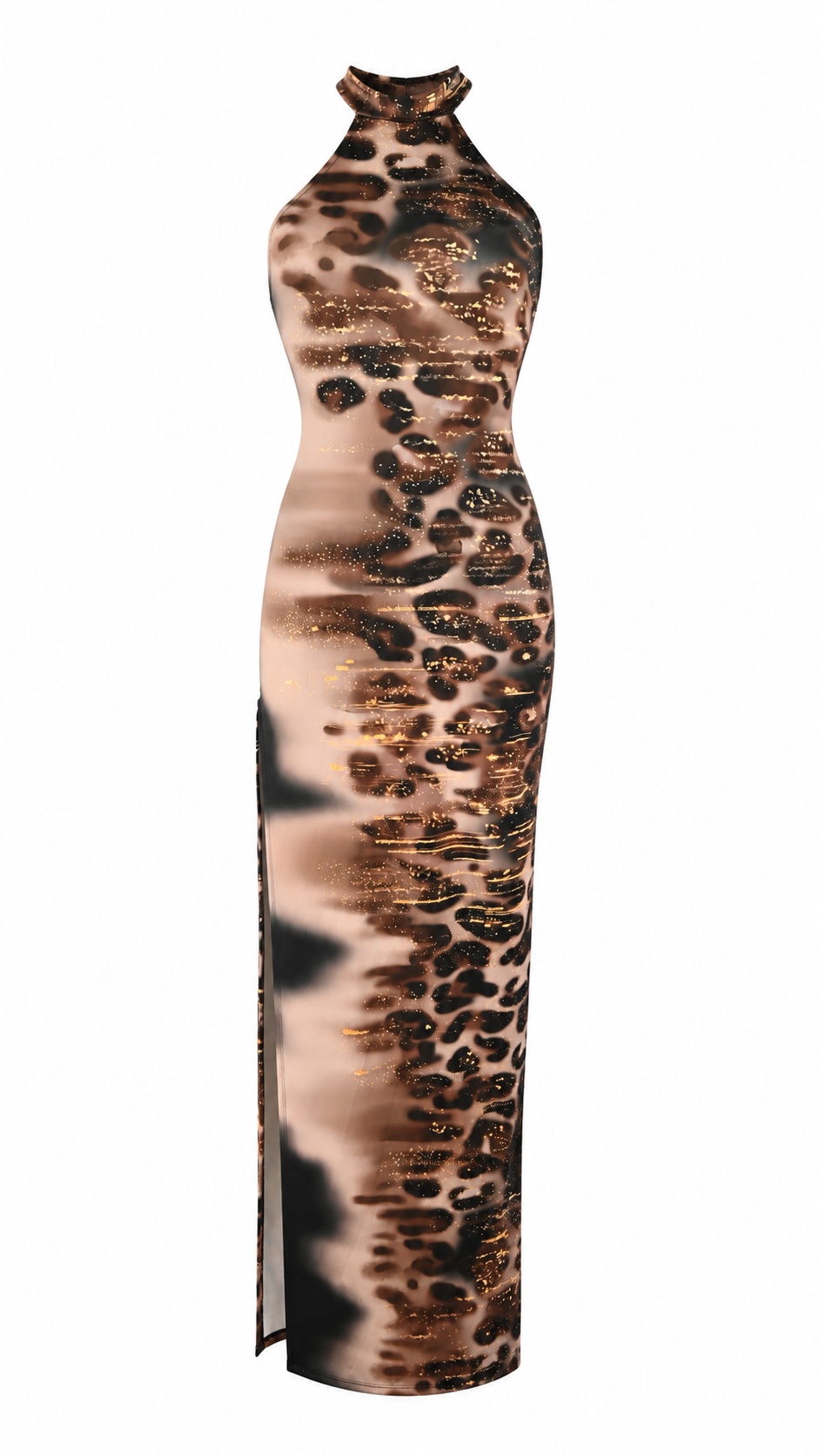 Abito lungo halter aderente con schiena racerback e spacco laterale