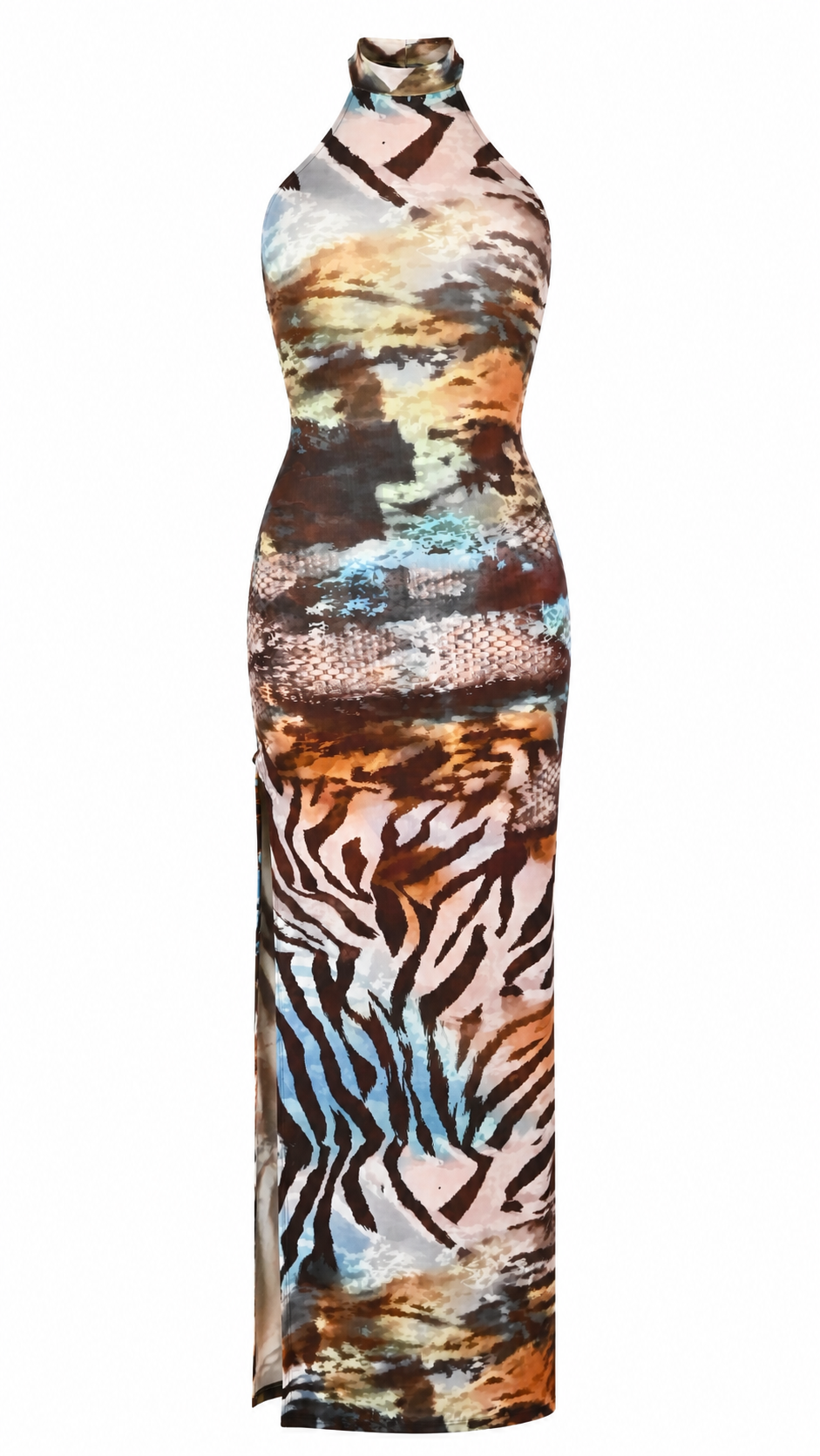 Abito lungo halter aderente con schiena racerback e spacco laterale