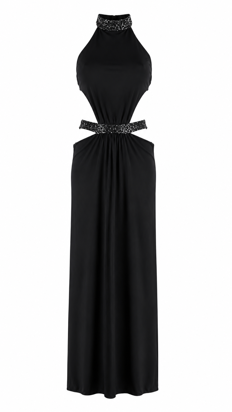 Abito lungo cut-out con collo halter e dettagli in paillettes