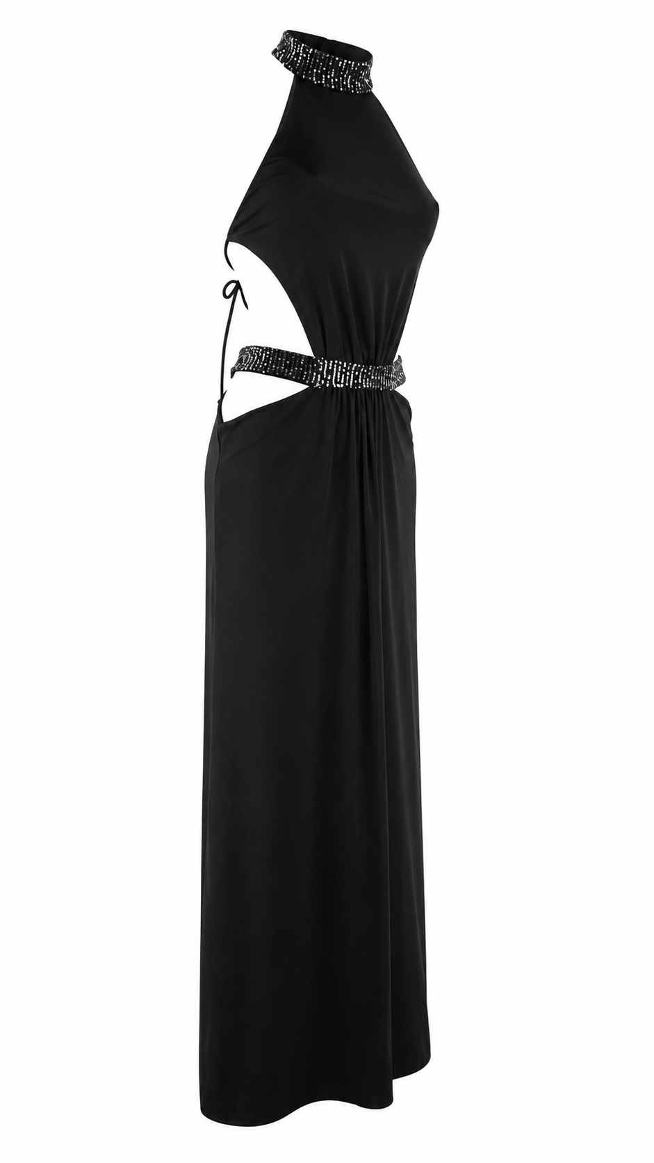 Abito lungo cut-out con collo halter e dettagli in paillettes