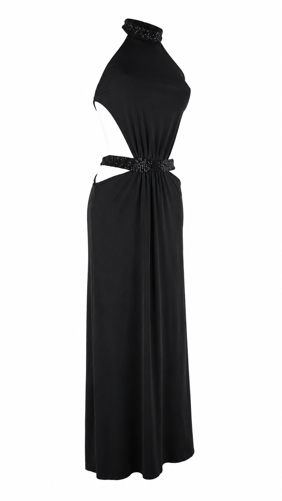 Abito lungo cut-out con collo halter e dettagli in paillettes